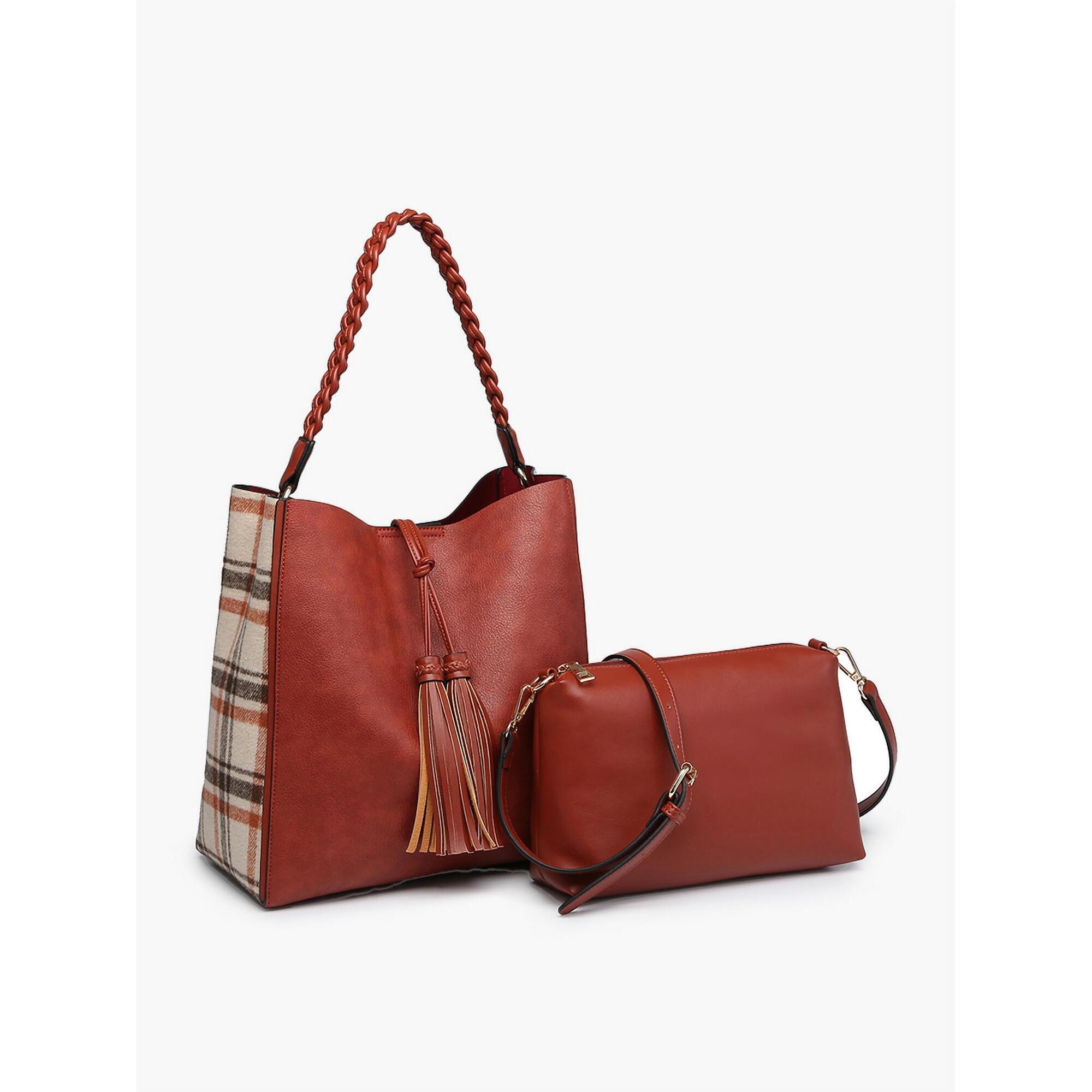 New Jen & Co. Women's Dina Plaid Contrast Tote With Tassel And Removable Crossbo